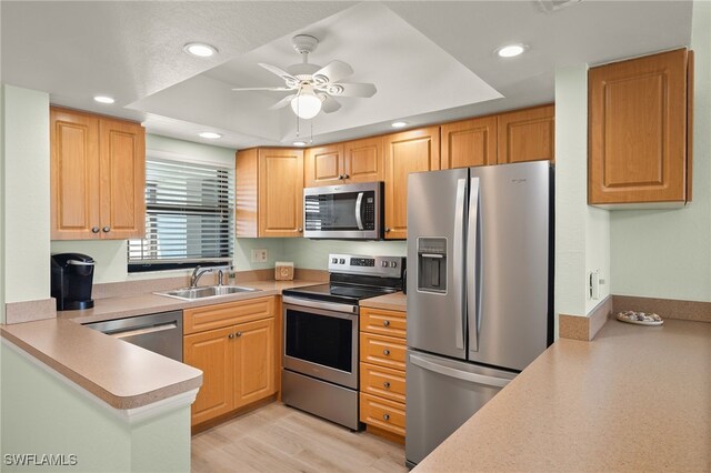 kitchen with a raised ceiling, sink, ceiling fan, light hardwood / wood-style floors, and stainless steel appliances