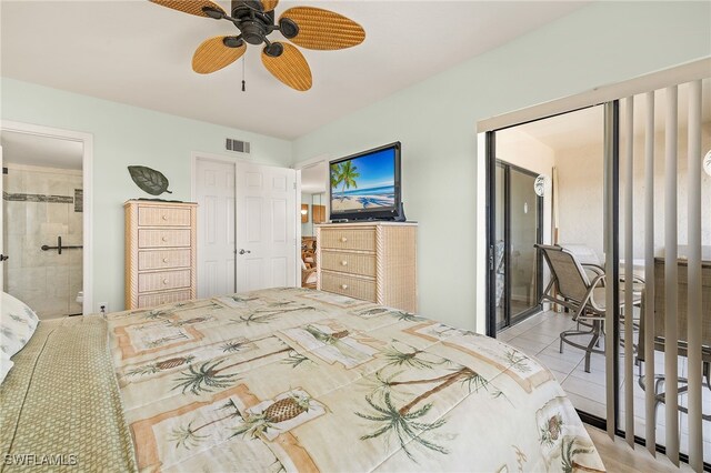 bedroom featuring light tile patterned floors and ceiling fan