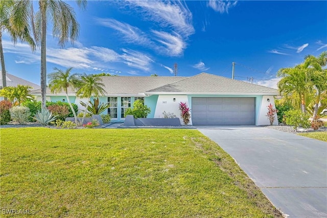 ranch-style house with stucco siding, driveway, an attached garage, and a front yard