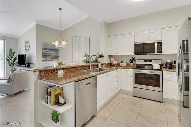 kitchen with sink, hanging light fixtures, stainless steel appliances, white cabinets, and kitchen peninsula