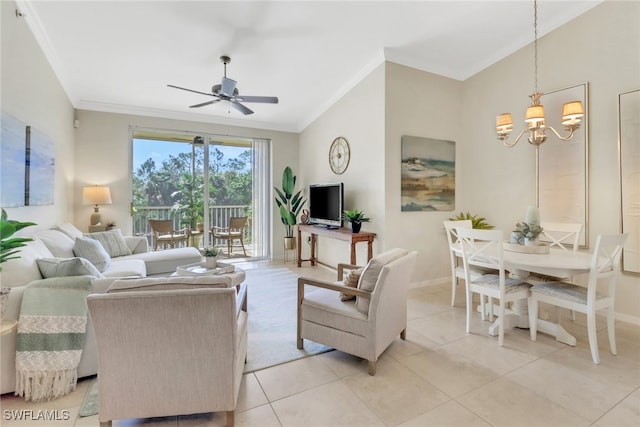 tiled living room featuring ornamental molding and ceiling fan with notable chandelier