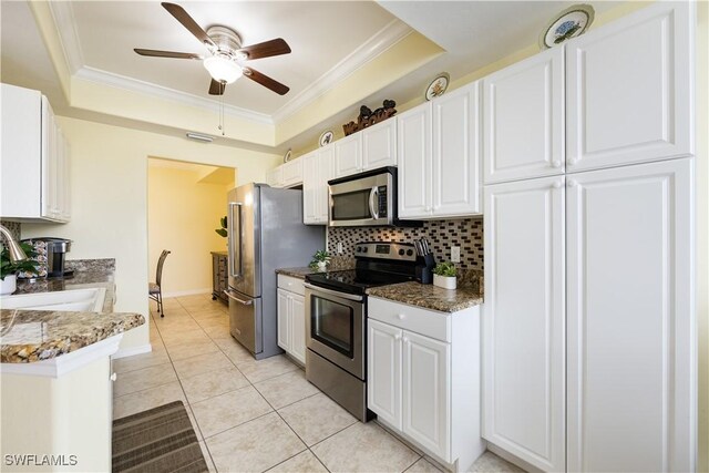 kitchen featuring a sink, appliances with stainless steel finishes, a raised ceiling, and crown molding