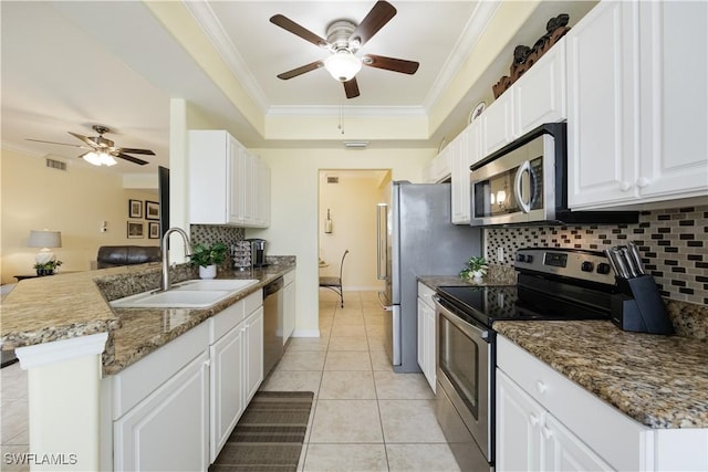 kitchen featuring crown molding, a raised ceiling, appliances with stainless steel finishes, light tile patterned flooring, and a sink