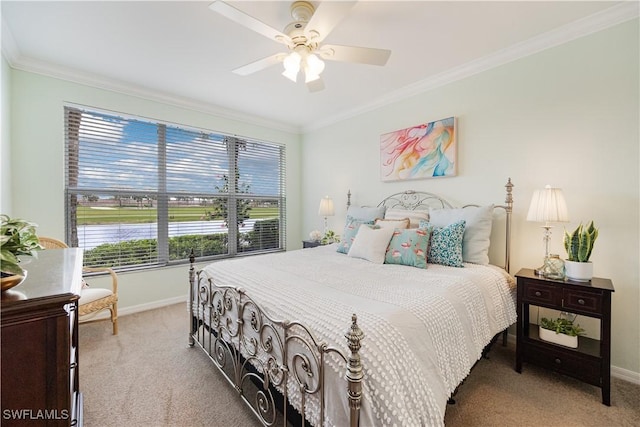 bedroom featuring carpet floors, baseboards, and ornamental molding