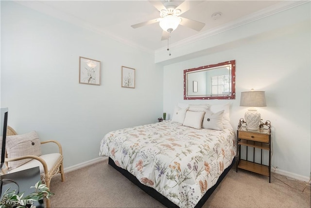 bedroom featuring light carpet, baseboards, and ornamental molding