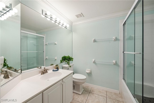 bathroom with crown molding, visible vents, toilet, baseboards, and tile patterned floors