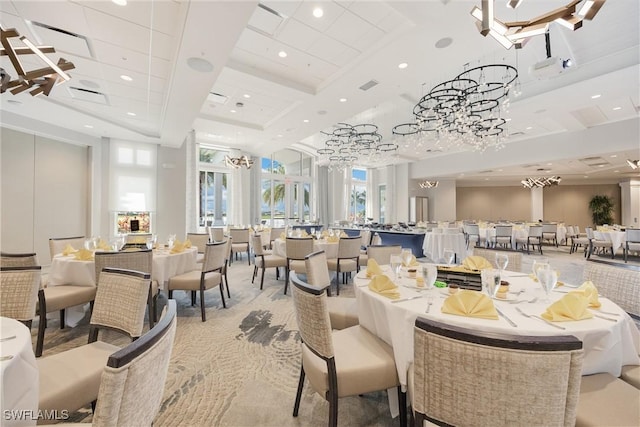 dining space featuring visible vents, coffered ceiling, and recessed lighting