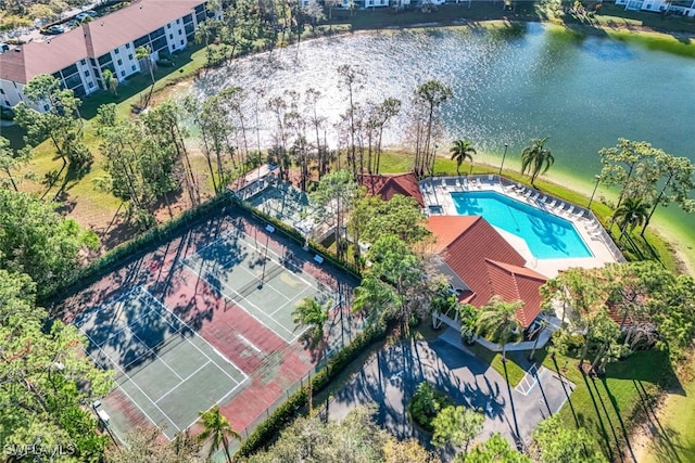 aerial view featuring a water view