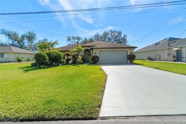 view of front facade with a garage, concrete driveway, and a front lawn