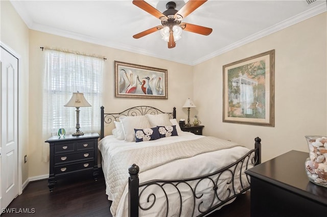 bedroom featuring crown molding, ceiling fan, and dark hardwood / wood-style flooring