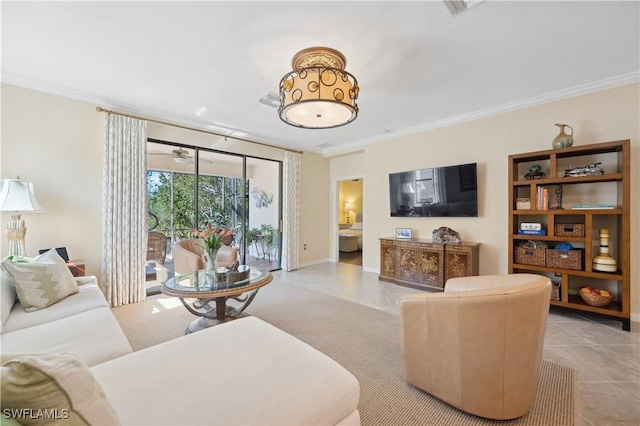 living room with crown molding and light tile patterned floors