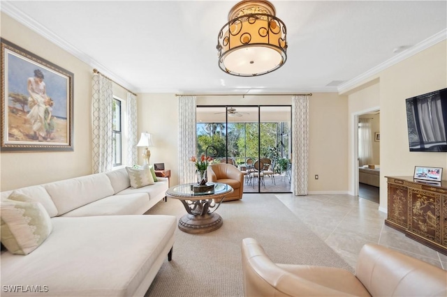 living room featuring crown molding and light tile patterned flooring