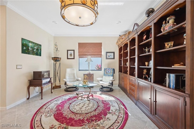 living area featuring ornamental molding and light tile patterned floors