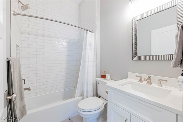 full bathroom featuring vanity, shower / bathtub combination with curtain, and toilet