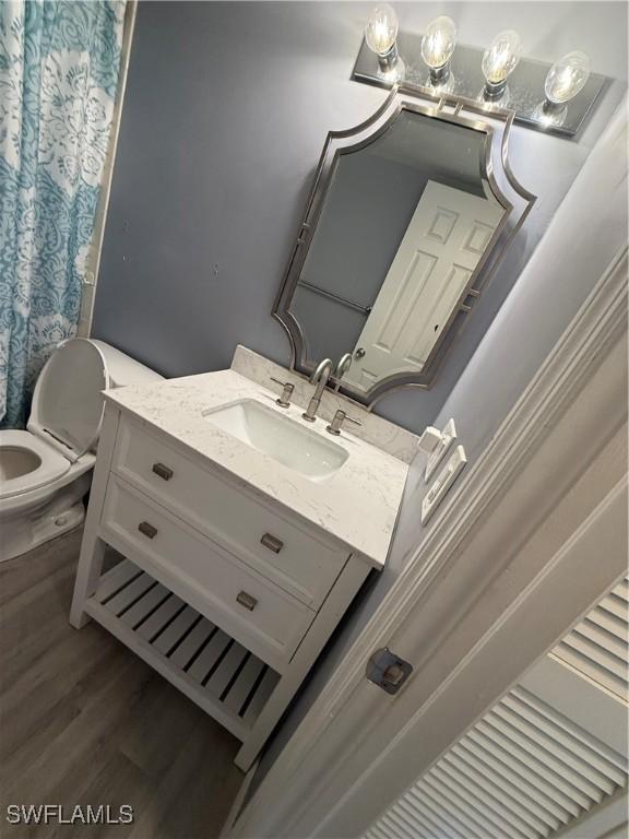 bathroom with vanity, wood-type flooring, and toilet