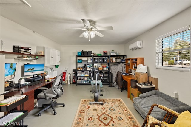 office space featuring ceiling fan and a wall unit AC