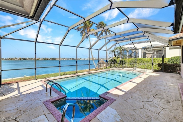 view of pool featuring a water view, a patio, and a lanai