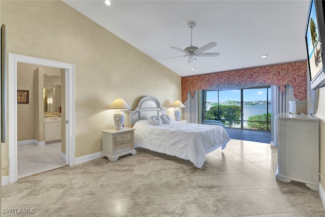 tiled bedroom with high vaulted ceiling, connected bathroom, access to outside, and ceiling fan