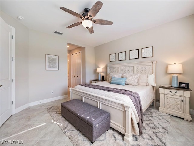 bedroom featuring ceiling fan and a closet