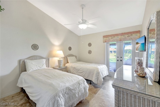 tiled bedroom with french doors, ceiling fan, lofted ceiling, and access to exterior