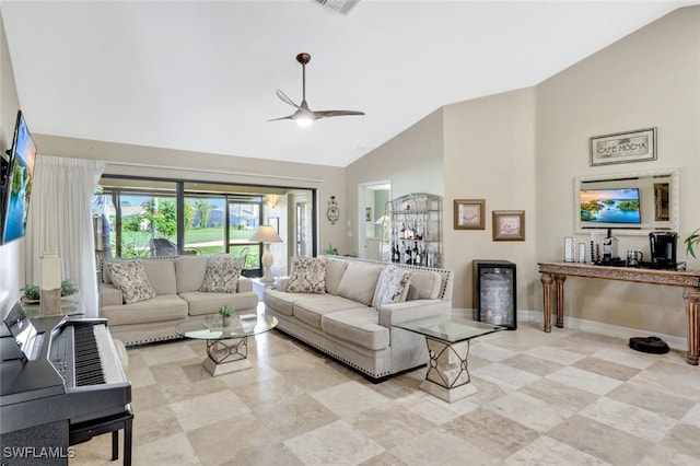 living room featuring lofted ceiling and ceiling fan