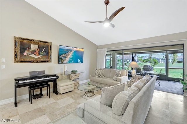 living room featuring high vaulted ceiling and ceiling fan