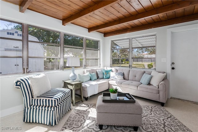 sunroom with beamed ceiling and wooden ceiling