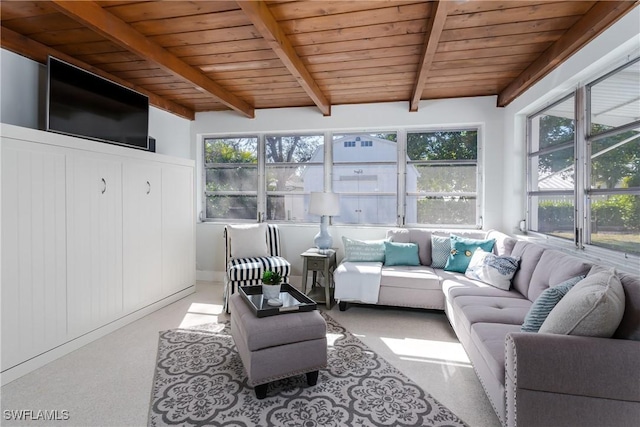 sunroom / solarium with beam ceiling, plenty of natural light, and wooden ceiling