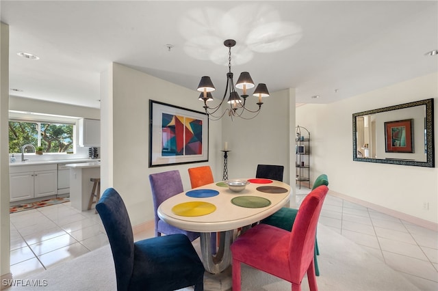 tiled dining space with sink and a chandelier