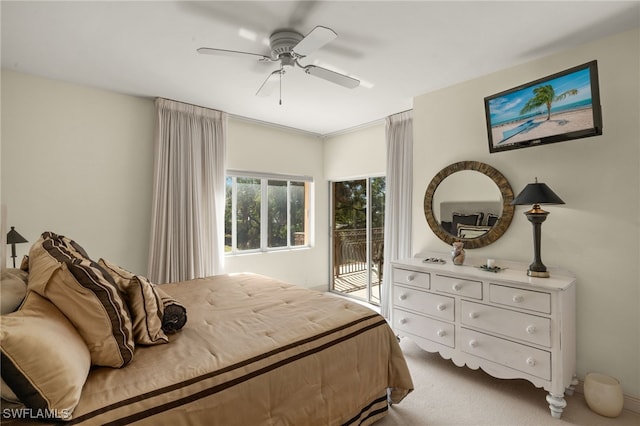 bedroom with ceiling fan, access to exterior, and light carpet