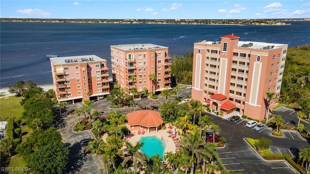 drone / aerial view featuring a water view