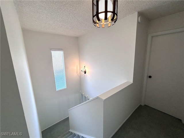 staircase featuring carpet flooring and a textured ceiling