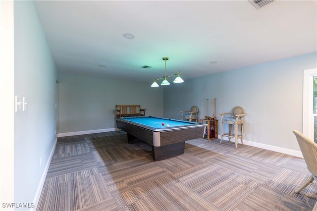 recreation room with pool table and carpet floors