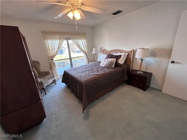 bedroom with ceiling fan, access to outside, light carpet, and a textured ceiling