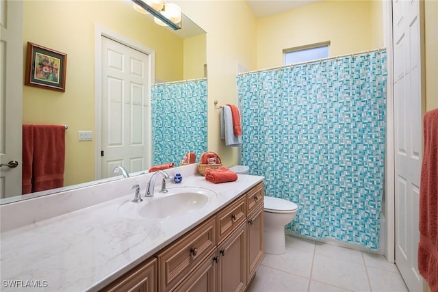 bathroom featuring tile patterned flooring, vanity, tile walls, and toilet