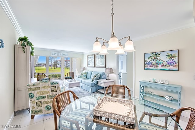 tiled dining room with crown molding