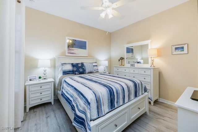 bedroom featuring ceiling fan and light hardwood / wood-style floors