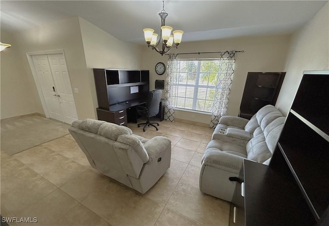 tiled living room featuring lofted ceiling and an inviting chandelier