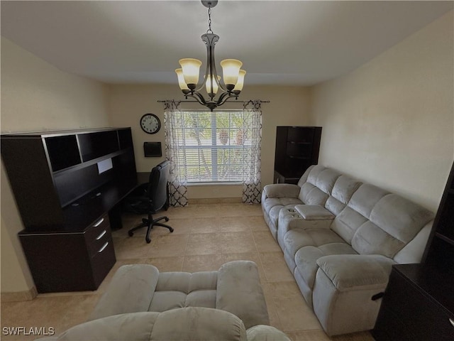 office area featuring a notable chandelier and light tile patterned flooring