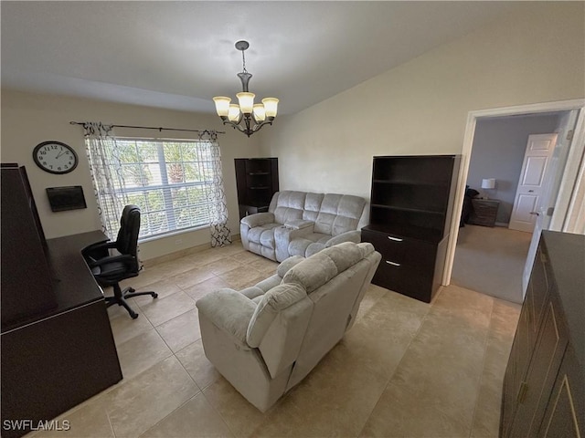 office with lofted ceiling, a notable chandelier, and light tile patterned flooring