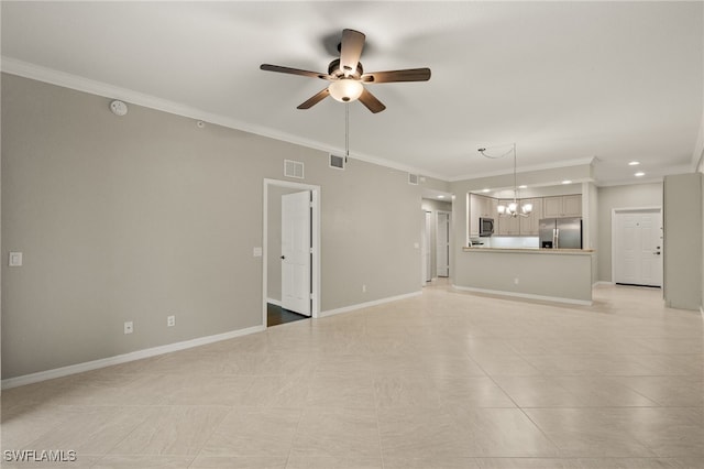 unfurnished living room with ornamental molding, ceiling fan with notable chandelier, and light tile patterned floors