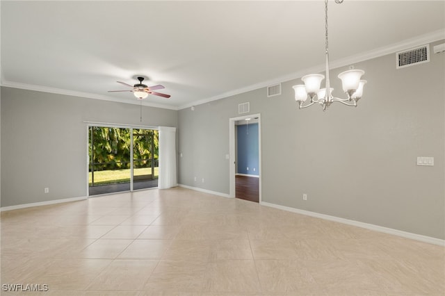 tiled empty room featuring crown molding and ceiling fan with notable chandelier