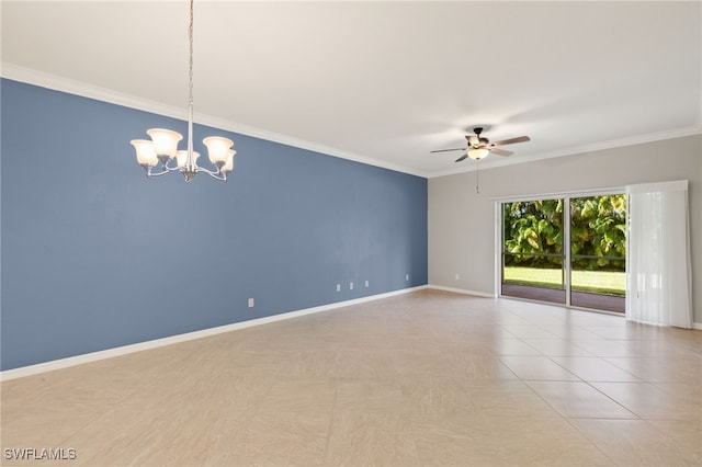 spare room featuring crown molding and ceiling fan with notable chandelier