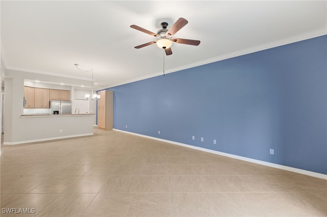 unfurnished living room with crown molding, ceiling fan with notable chandelier, and light tile patterned floors