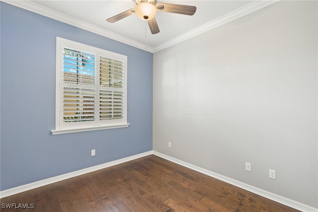 spare room featuring dark wood-type flooring, ceiling fan, and ornamental molding