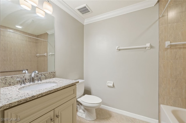 full bathroom with tile patterned floors, toilet, ornamental molding, shower / washtub combination, and vanity