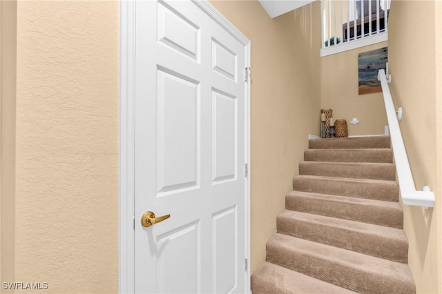 stairway with a textured wall