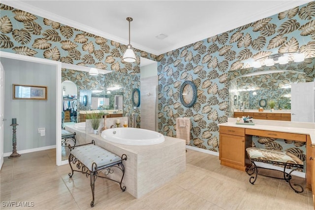 bathroom featuring tile patterned flooring, vanity, a relaxing tiled tub, and crown molding