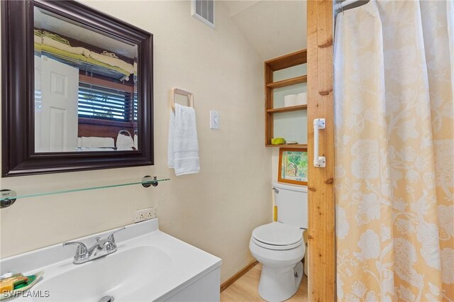 bathroom featuring vaulted ceiling, toilet, and sink