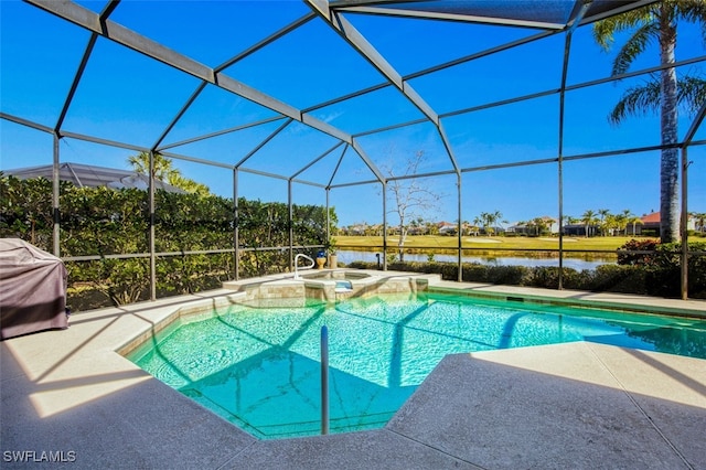 view of pool featuring a patio, area for grilling, an in ground hot tub, glass enclosure, and a water view